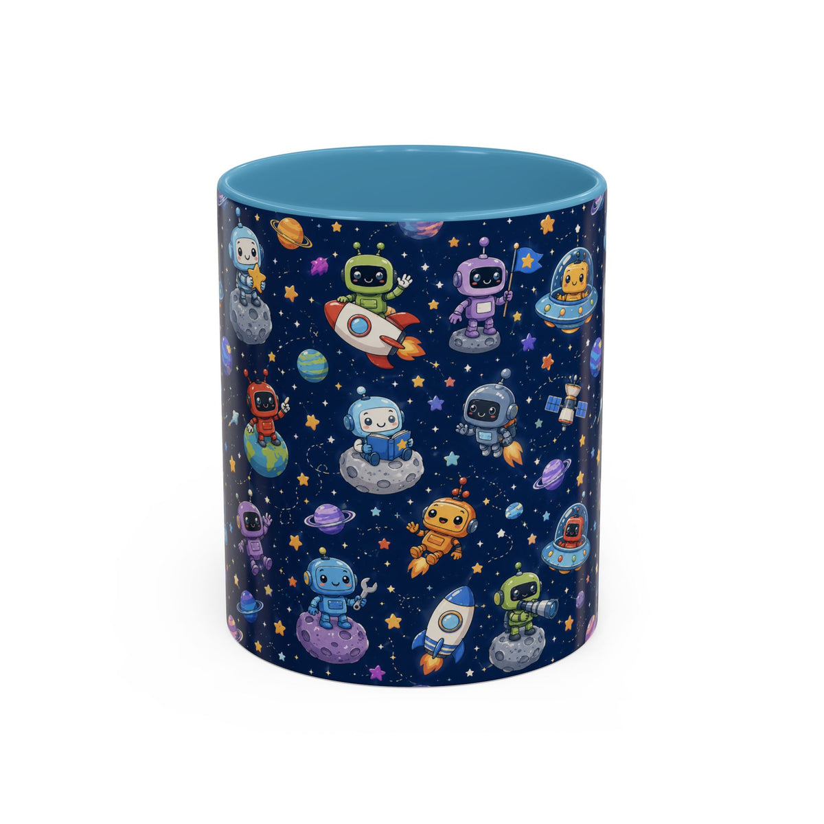 Galactic Robots Accent Coffee Mug — Cute Space Astronaut Pattern (11/15 oz)