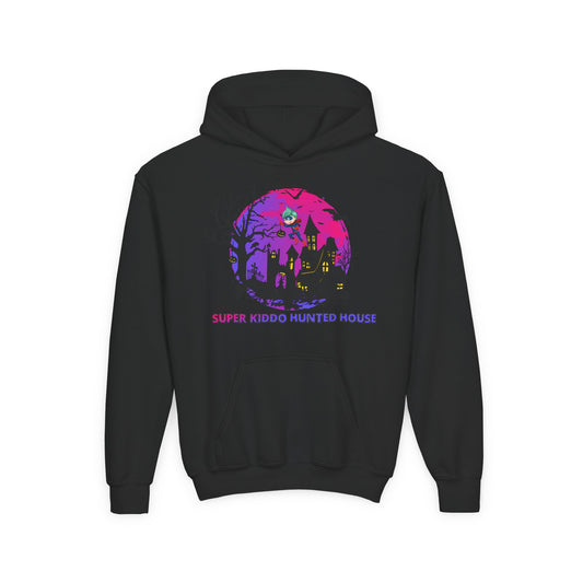 Youth Heavy Blend Hooded Sweatshirt - Super kiddo flying on hunted house - [[{"value":"Wonderwear Kid"}]]