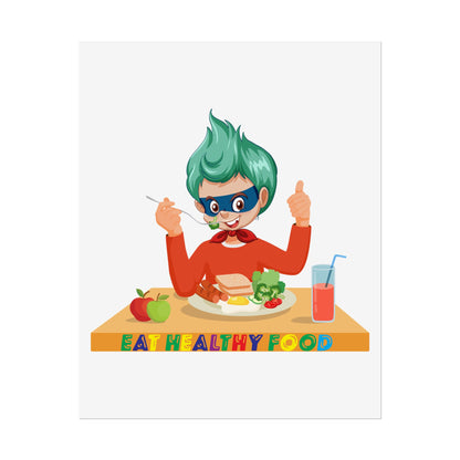 Rolled Posters - Super kiddo eating healthy breafast - [[{"value":"Wonderwear Kid"}]]