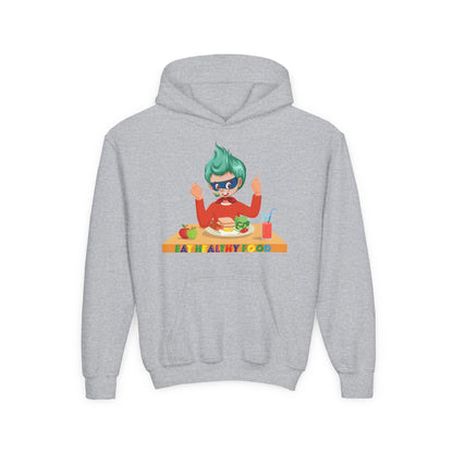 Youth Heavy Blend Hooded Sweatshirt - Super kiddo eating healthy breafast - [[{"value":"Wonderwear Kid"}]]