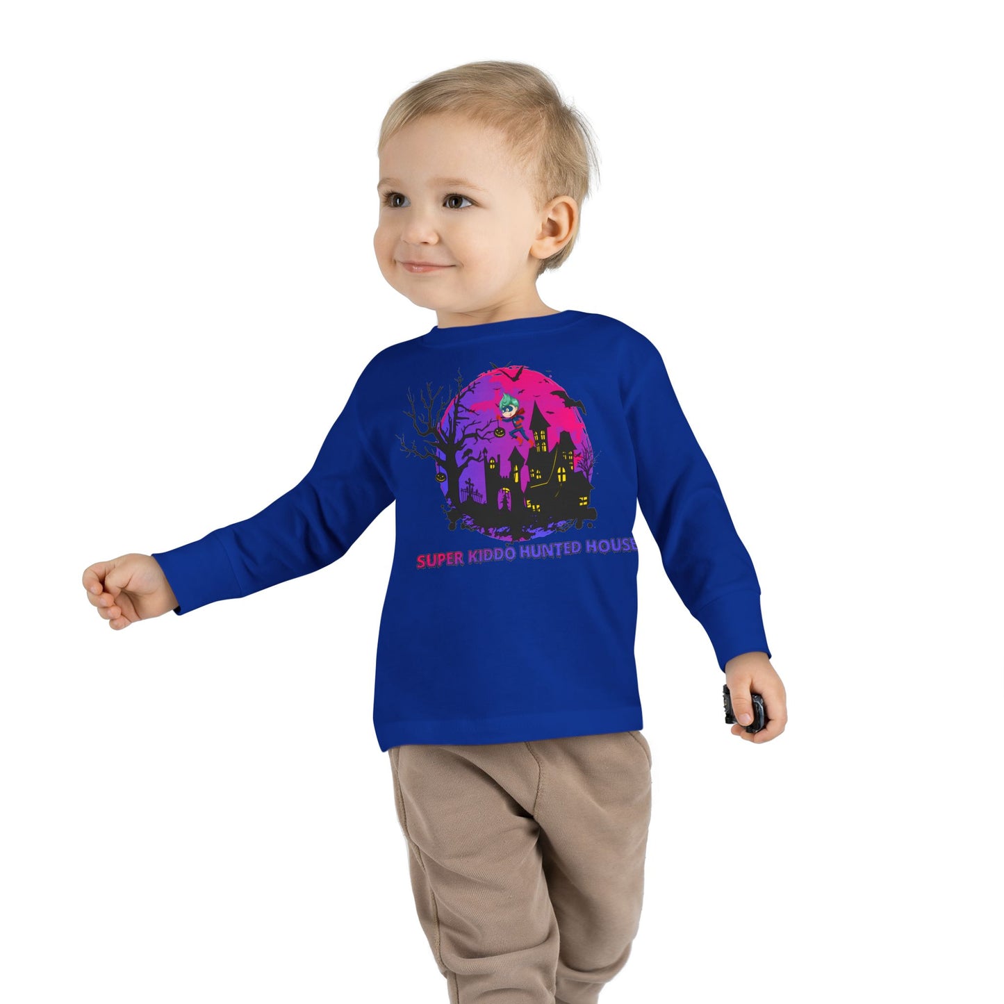 Toddler Long Sleeve Tee - Super kiddo flying on hunted house