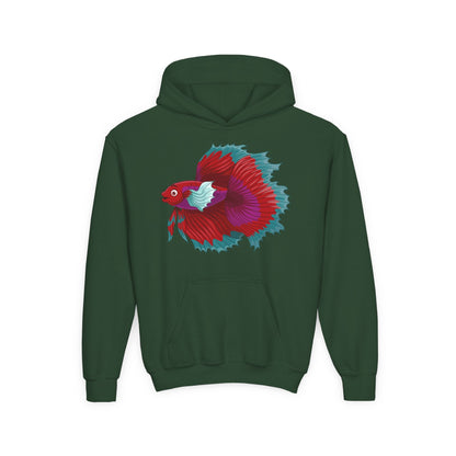 Youth Heavy Blend Hooded Sweatshirt - Red Siamese fighting fish Printify