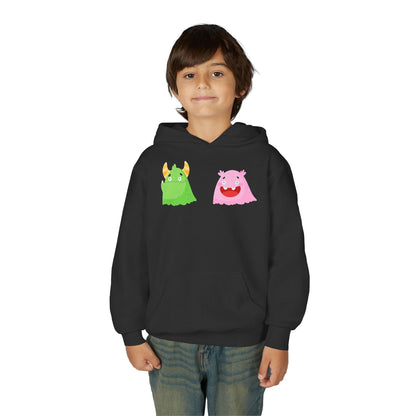 Youth Heavy Blend Hooded Sweatshirt - Green and pink monsters Printify