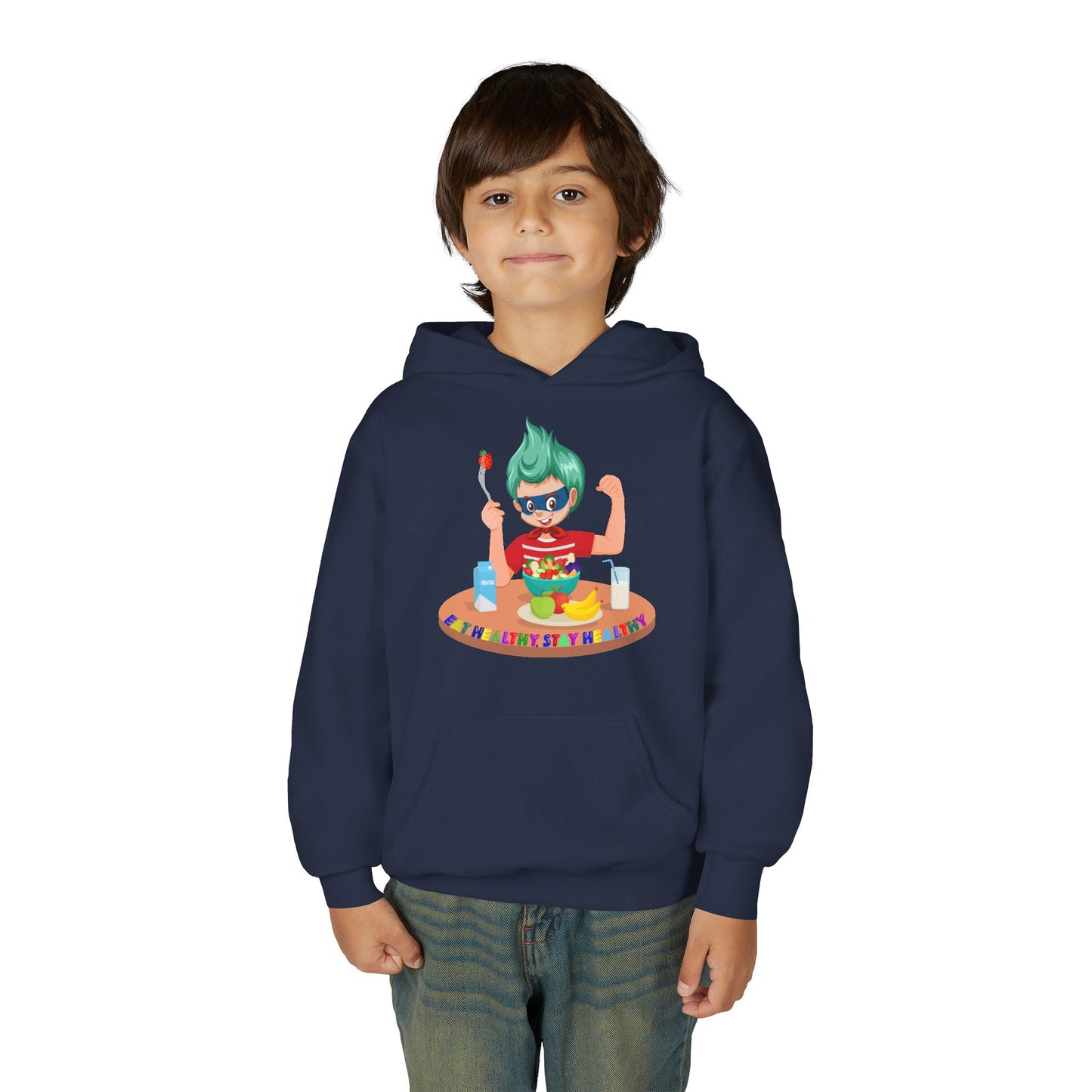 Youth Heavy Blend Hooded Sweatshirt - super kiddo eating healthy food