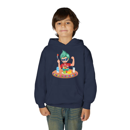 Youth Heavy Blend Hooded Sweatshirt - super kiddo eating healthy food - [[{"value":"Wonderwear Kid"}]]