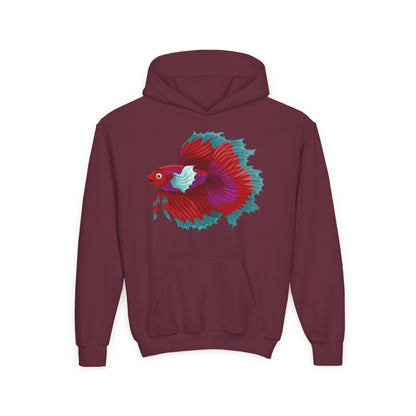 Youth Heavy Blend Hooded Sweatshirt - Red Siamese fighting fish Printify