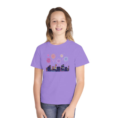 Youth Midweight Tee -  Super kiddo with fireworks - [[{"value":"Wonderwear Kid"}]]