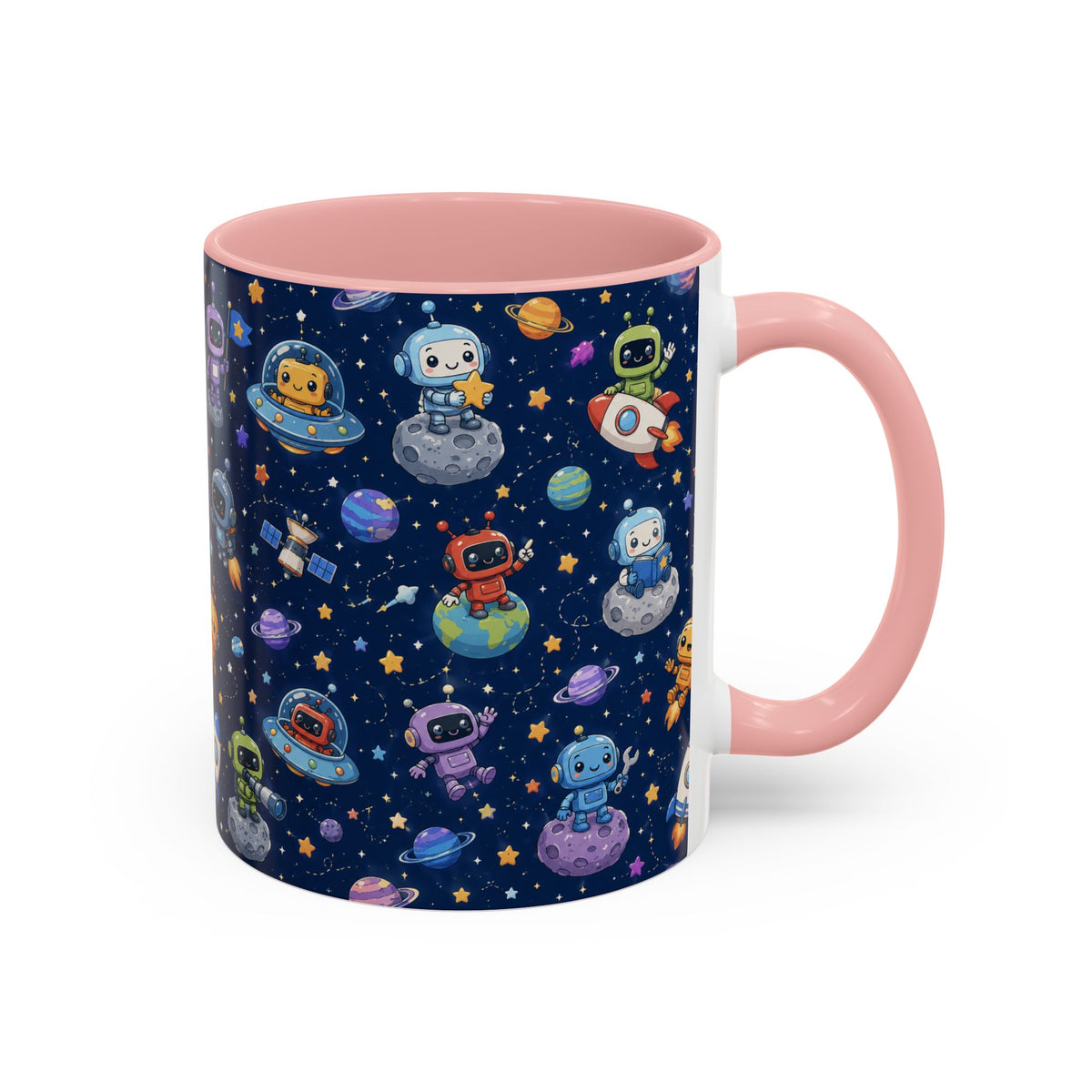 Galactic Robots Accent Coffee Mug — Cute Space Astronaut Pattern (11/15 oz)