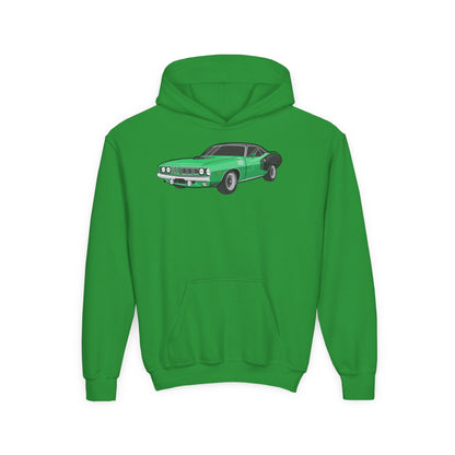 Youth Heavy Blend Hooded Sweatshirt - Vintage green car Printify