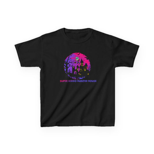 Kids Heavy Cotton™ Tee - Super kiddo flying on hunted house - [[{"value":"Wonderwear Kid"}]]