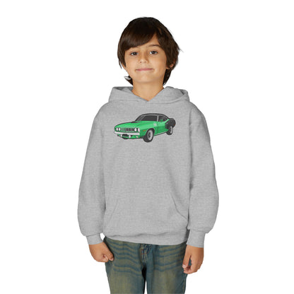 Youth Heavy Blend Hooded Sweatshirt - Vintage green car Printify