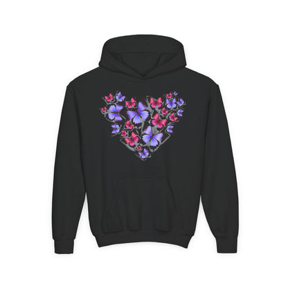Youth Heavy Blend Hooded Sweatshirt -  Heart shape monarch butterfly Printify
