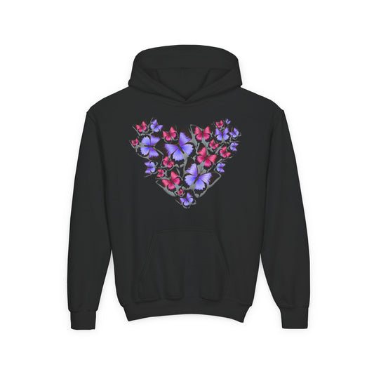 Youth Heavy Blend Hooded Sweatshirt -  Heart shape monarch butterfly Printify