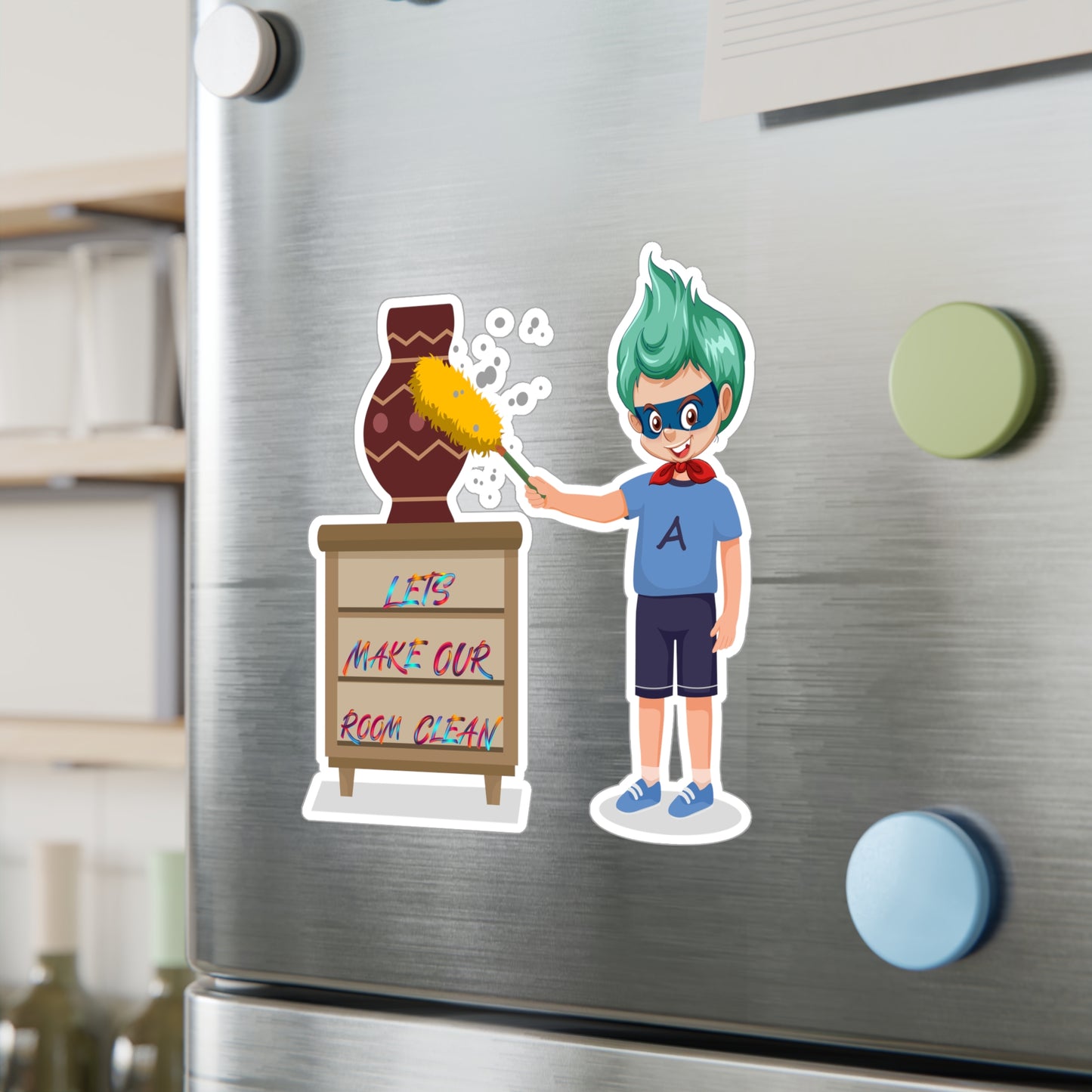 Halloween Kiss-Cut Vinyl Decals – Super kiddo cleaning a vase - [[{"value":"Wonderwear Kid"}]]