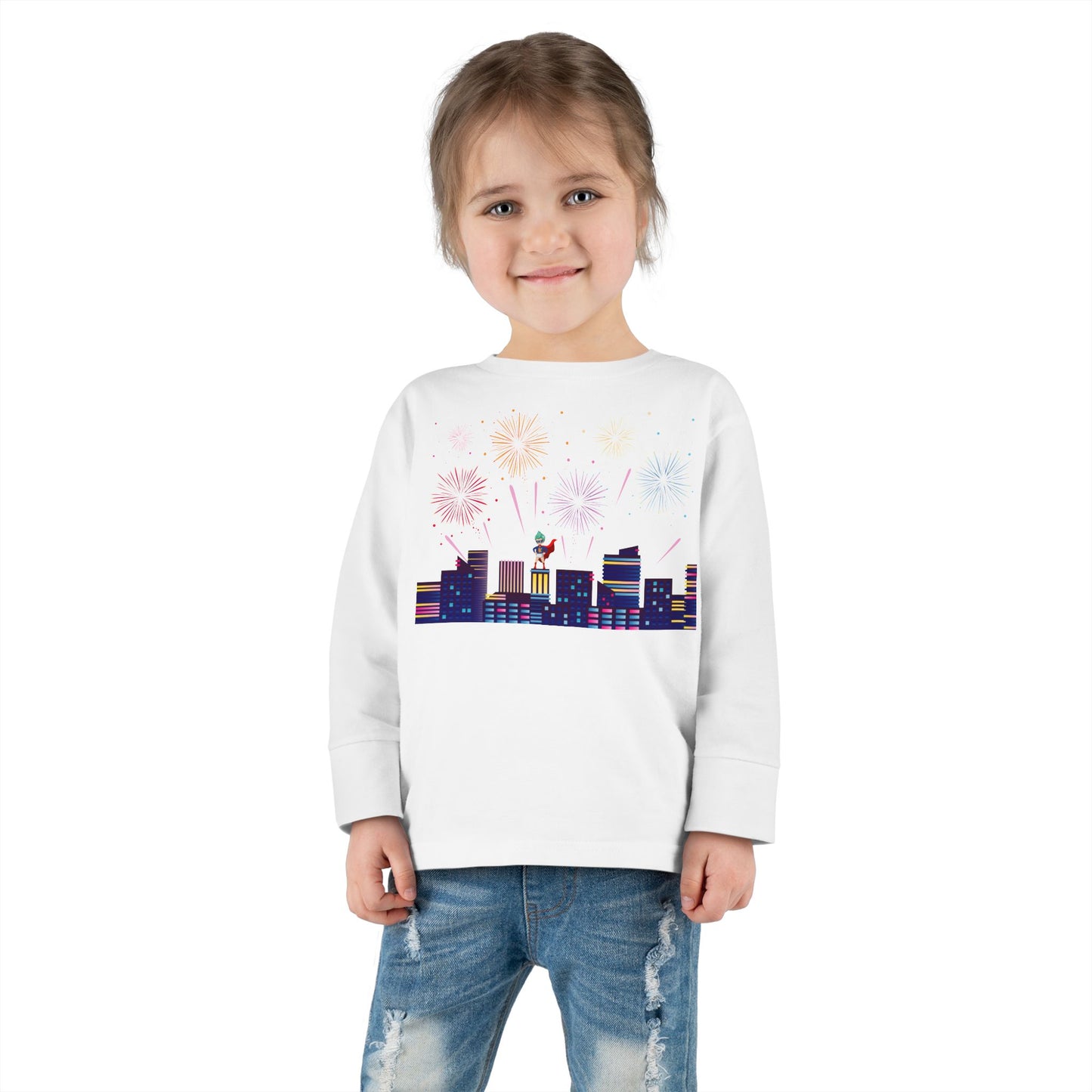 Toddler Long Sleeve Tee - Super kiddo with fireworks - [[{"value":"Wonderwear Kid"}]]