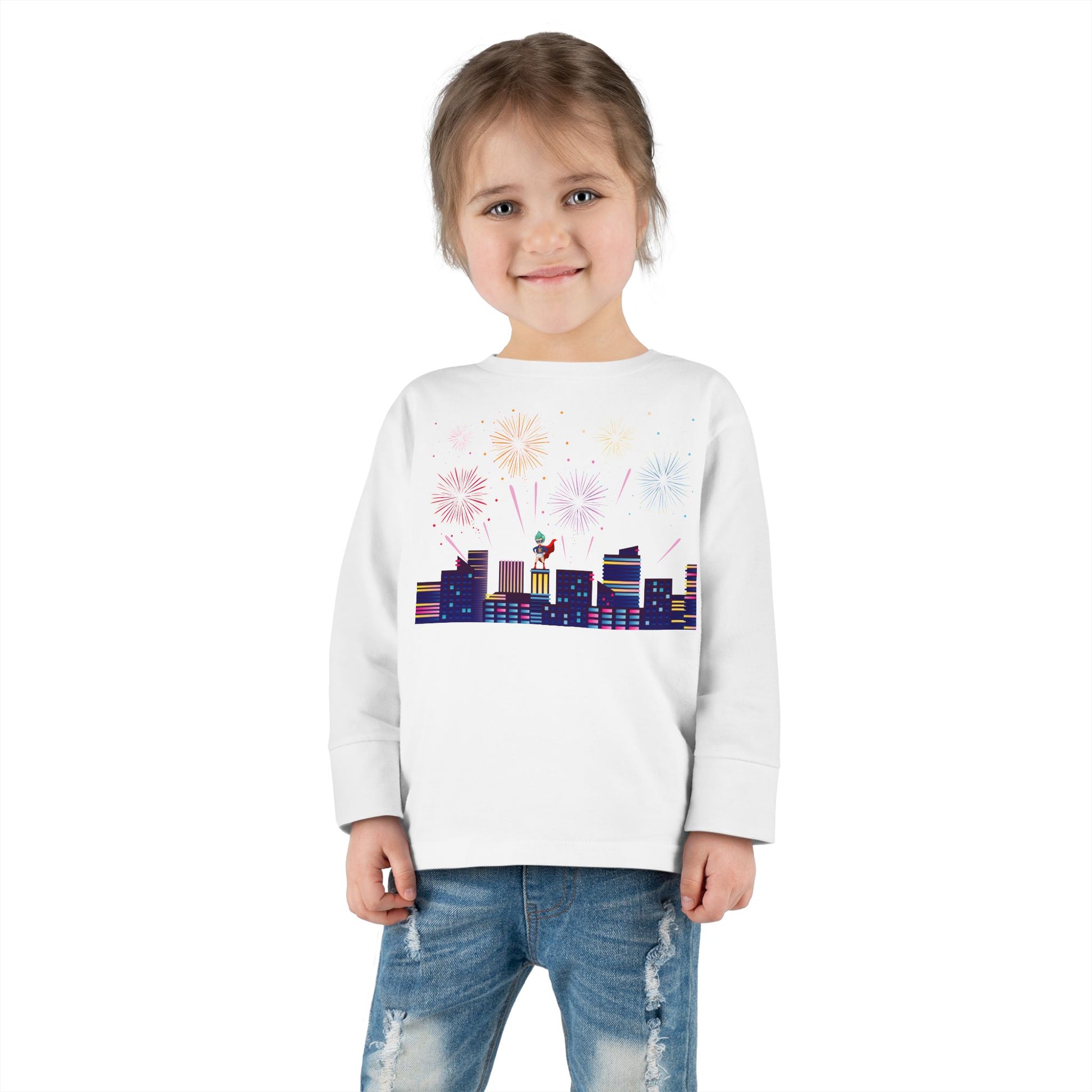 Toddler Long Sleeve Tee - Super kiddo with fireworks - [[{"value":"Wonderwear Kid"}]]