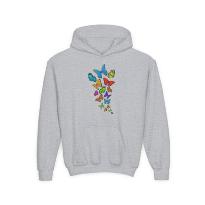 Youth Heavy Blend Hooded Sweatshirt - Group of colorful butterflies Printify