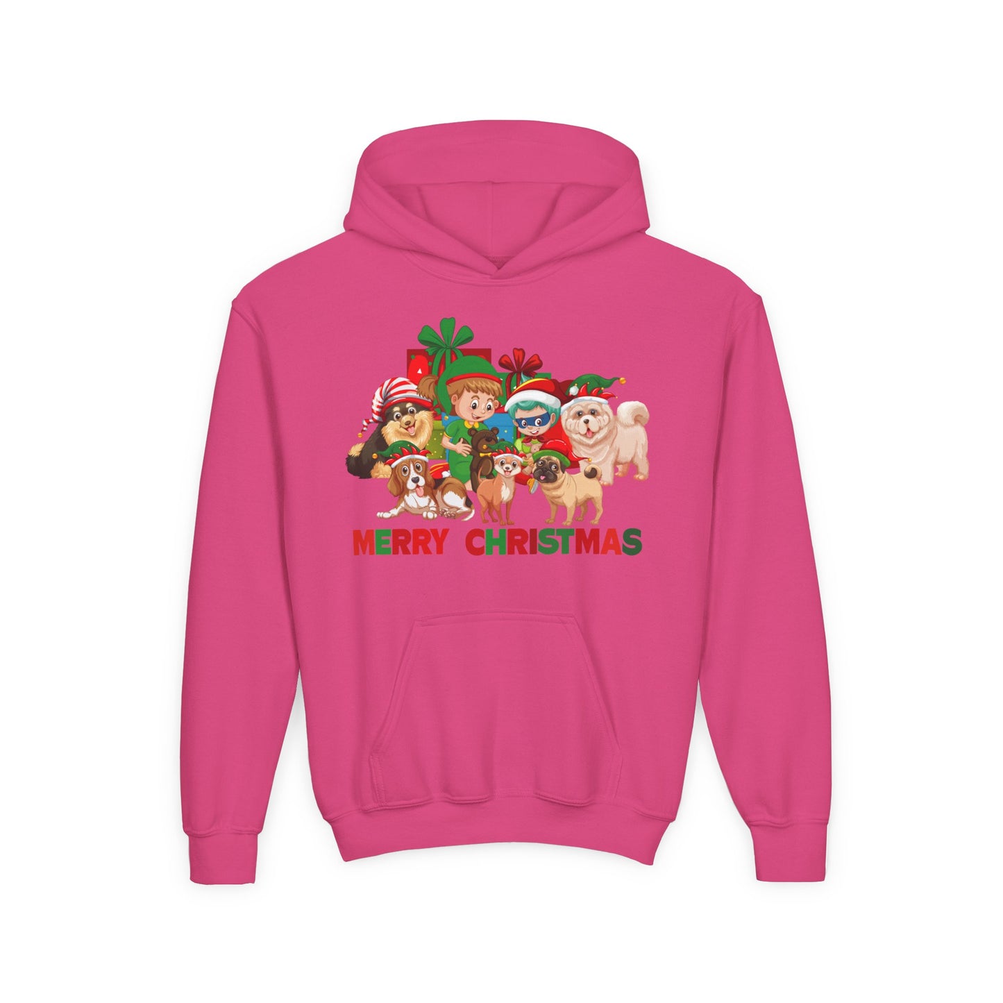 Youth Heavy Blend Hooded Sweatshirt - Christmas with super kiddo pet friends with text