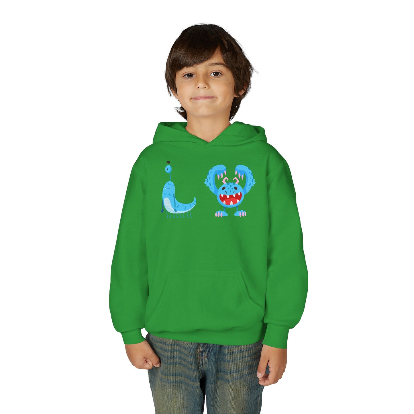 Youth Heavy Blend Hooded Sweatshirt - Happy toothy blue monsters
