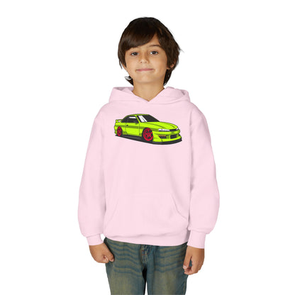 Youth Heavy Blend Hooded Sweatshirt - Yellow green race car Printify