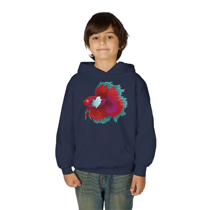 Youth Heavy Blend Hooded Sweatshirt - Red Siamese fighting fish Printify