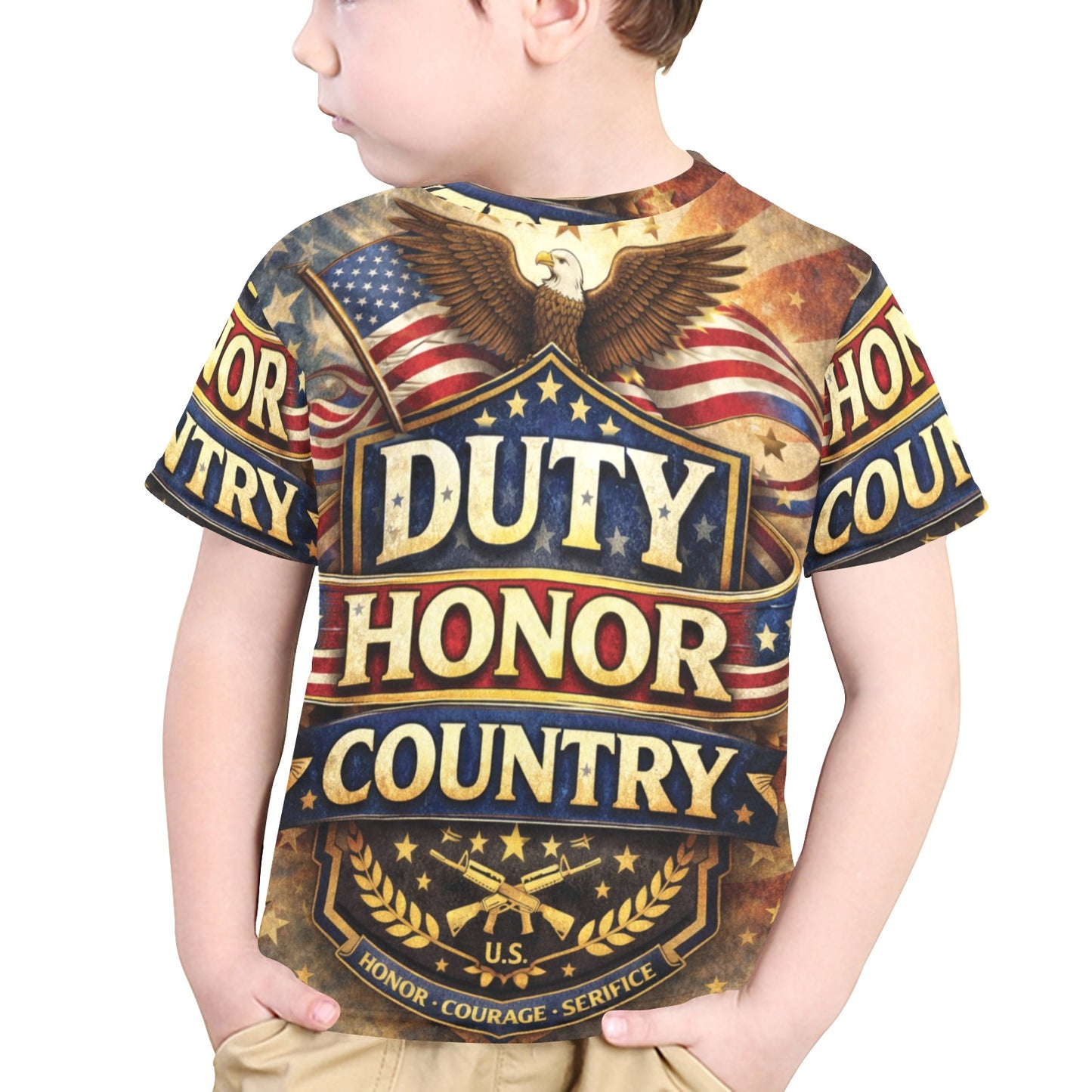 Little Kids' All Over Print Crew Neck T-Shirt - Proud to Serve - Patriot Shirt - Duty Honor Country