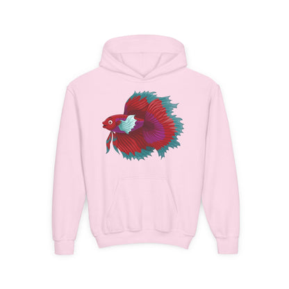 Youth Heavy Blend Hooded Sweatshirt - Red Siamese fighting fish Printify