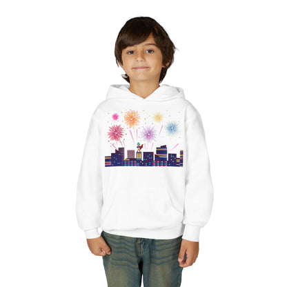 Youth Heavy Blend Hooded Sweatshirt - Super kiddo with fireworks - [[{"value":"Wonderwear Kid"}]]