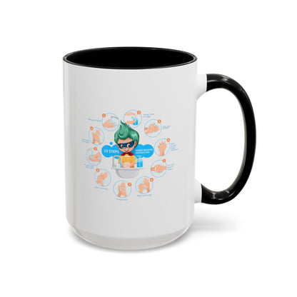Accent Coffee Mug - Super kiddo hand washing steps - [[{"value":"Wonderwear Kid"}]]