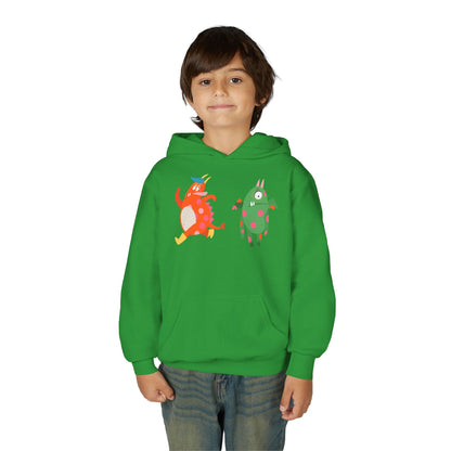 Youth Heavy Blend Hooded Sweatshirt - Monsters in action Printify