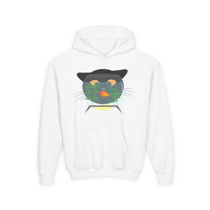 Youth Heavy Blend Hooded Sweatshirt -  Black cat and gold fish Printify