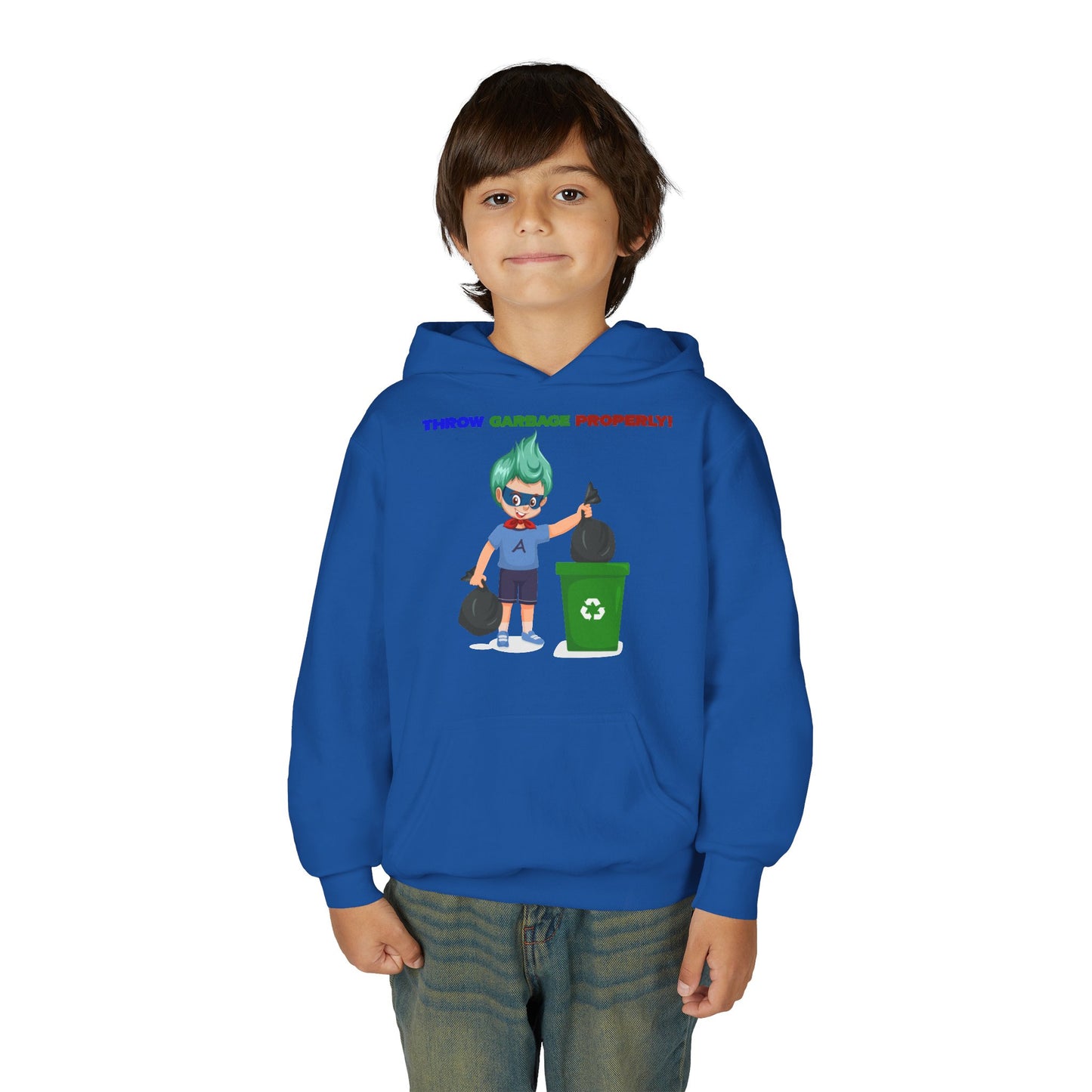 Youth Heavy Blend Hooded Sweatshirt - Super kiddo taking trash out