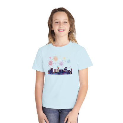 Youth Midweight Tee -  Super kiddo with fireworks - [[{"value":"Wonderwear Kid"}]]