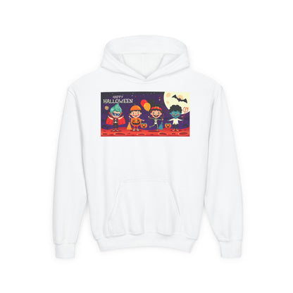 Youth Heavy Blend Hooded Sweatshirt - Super kiddo with friends on holloween - [[{"value":"Wonderwear Kid"}]]