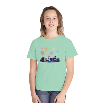Youth Midweight Tee -  Super kiddo with fireworks - [[{"value":"Wonderwear Kid"}]]
