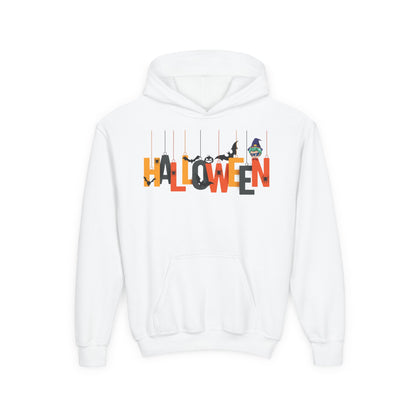 Youth Heavy Blend Hooded Sweatshirt - Holloween hanging letters Printify