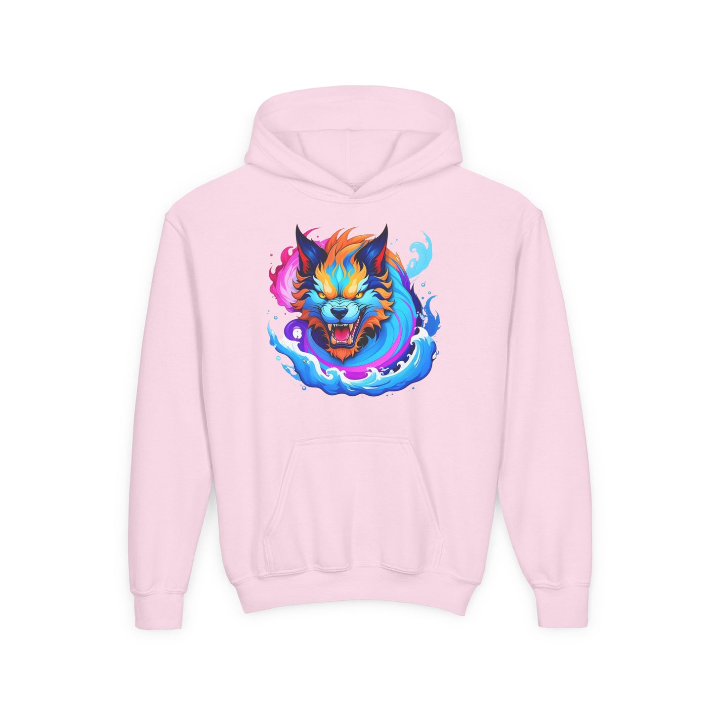 Youth Heavy Blend Hooded Sweatshirt - Vibrant Wolf Design