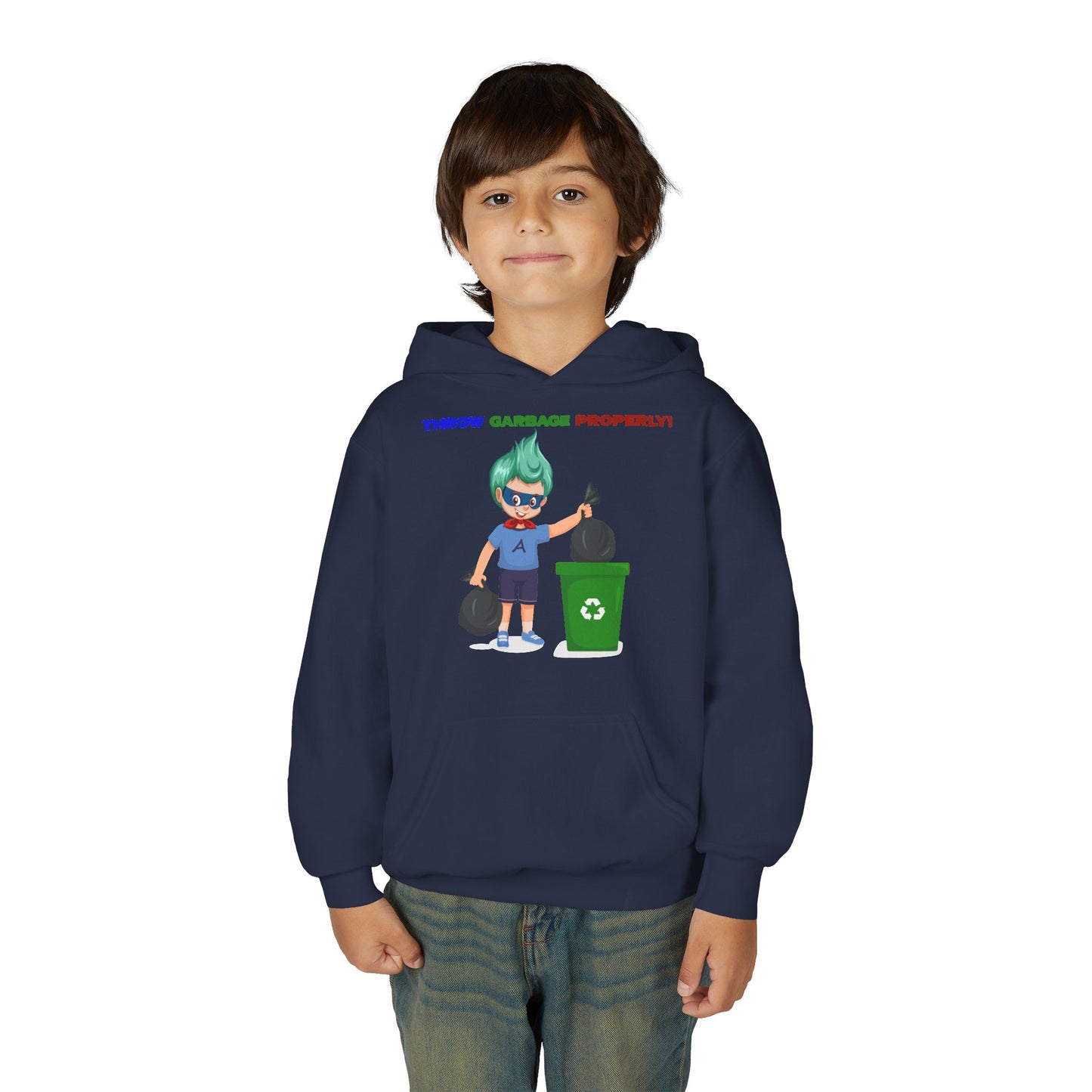 Youth Heavy Blend Hooded Sweatshirt - Super kiddo taking trash out