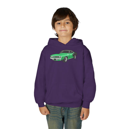 Youth Heavy Blend Hooded Sweatshirt - Vintage green car Printify