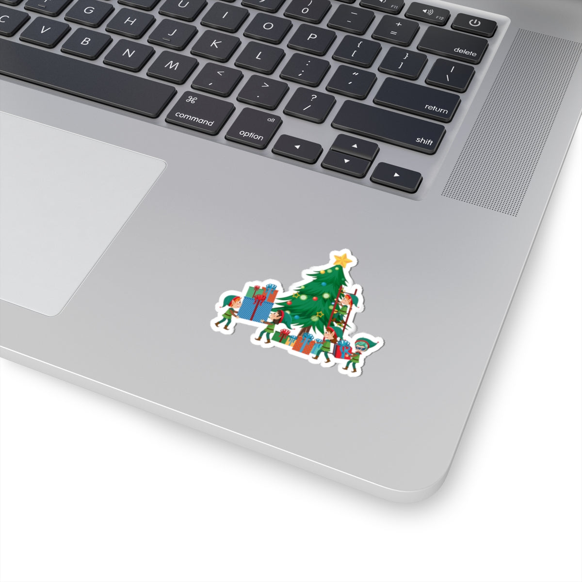 Kiss-Cut Stickers - Super kiddo putting gifts on christmas tree - [[{"value":"Wonderwear Kid"}]]
