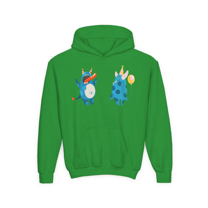Youth Heavy Blend Hooded Sweatshirt - Blue monsters in action Printify