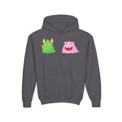 Youth Heavy Blend Hooded Sweatshirt - Green and pink monsters Printify