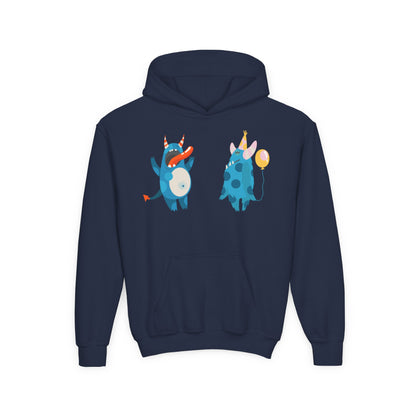 Youth Heavy Blend Hooded Sweatshirt - Blue monsters in action Printify