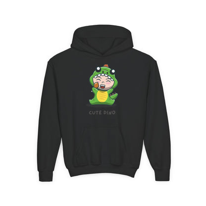 Youth Heavy Blend Hooded Sweatshirt - Green Cute Dino Printify