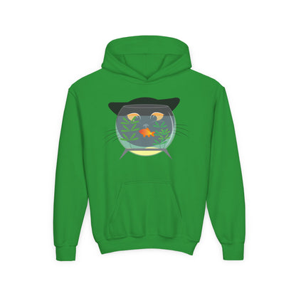 Youth Heavy Blend Hooded Sweatshirt -  Black cat and gold fish Printify
