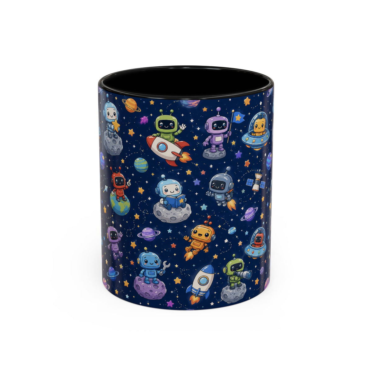 Galactic Robots Accent Coffee Mug — Cute Space Astronaut Pattern (11/15 oz)