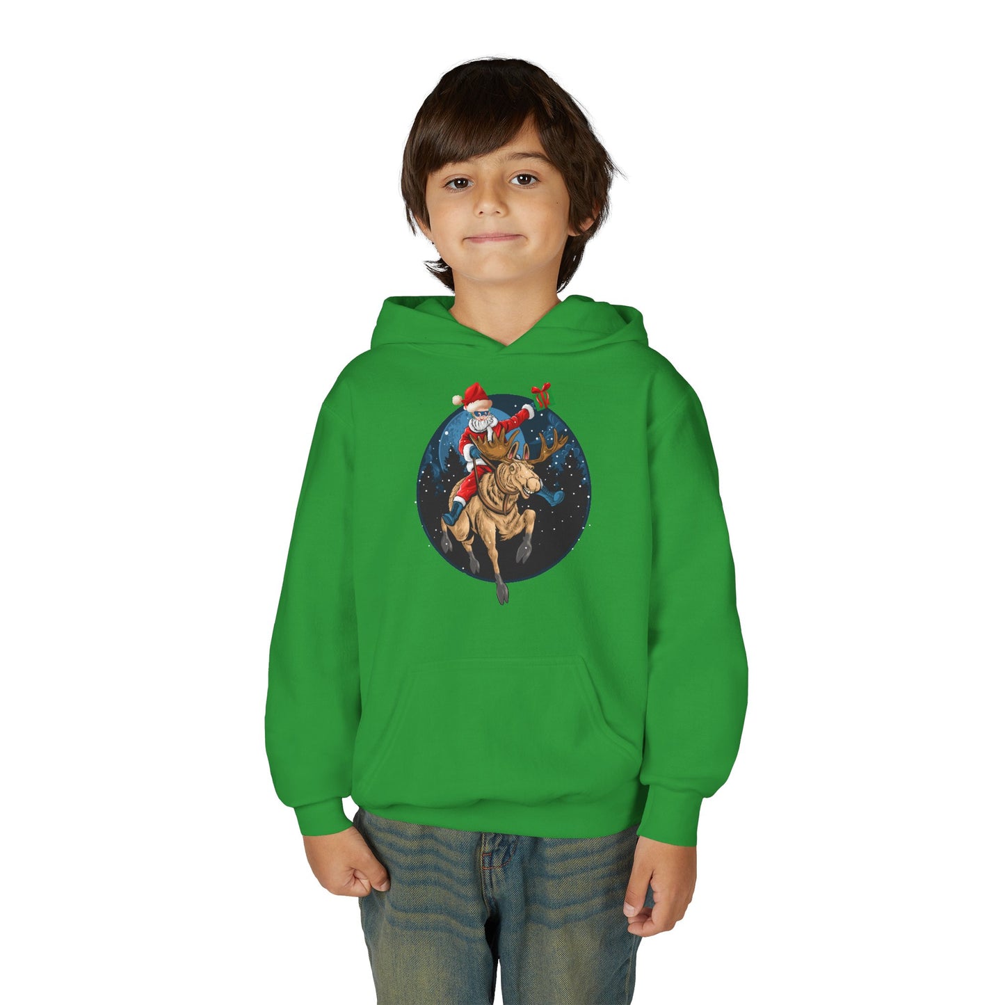Youth Heavy Blend Hooded Sweatshirt - Super kiddo riding a reindeer