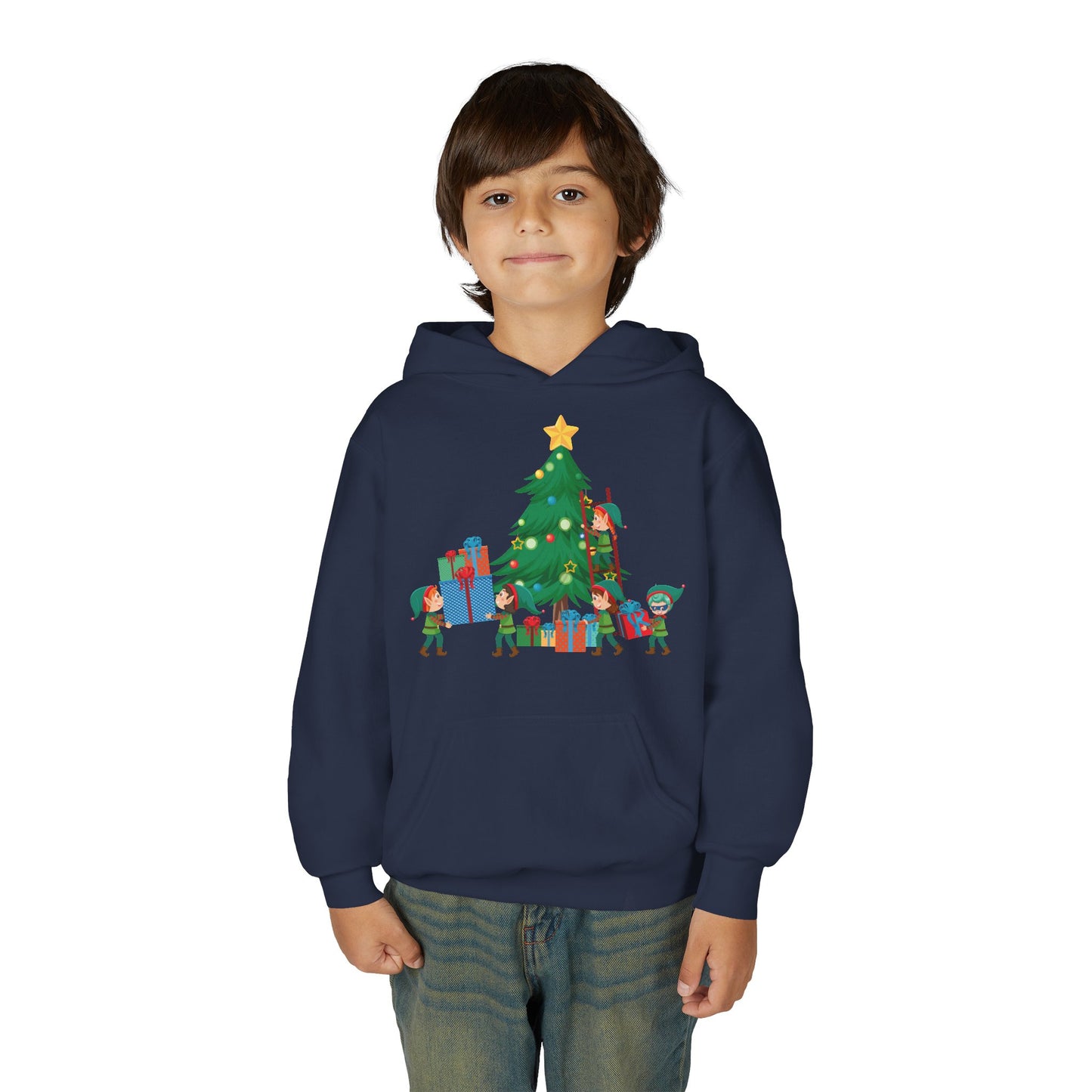 Youth Heavy Blend Hooded Sweatshirt - Super kiddo putting gifts on christmas tree
