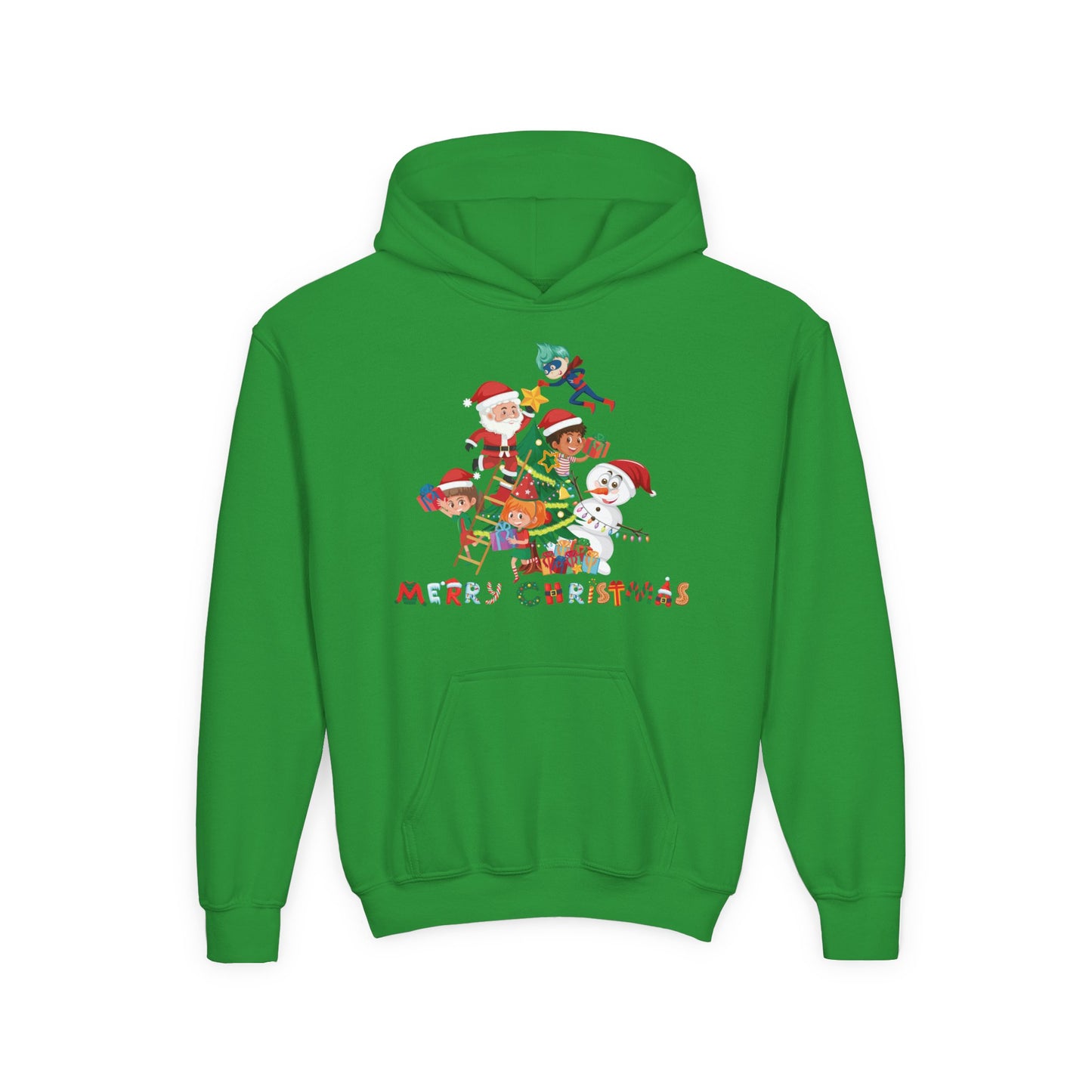 Youth Heavy Blend Hooded Sweatshirt - Super kiddo making christmas tree with text