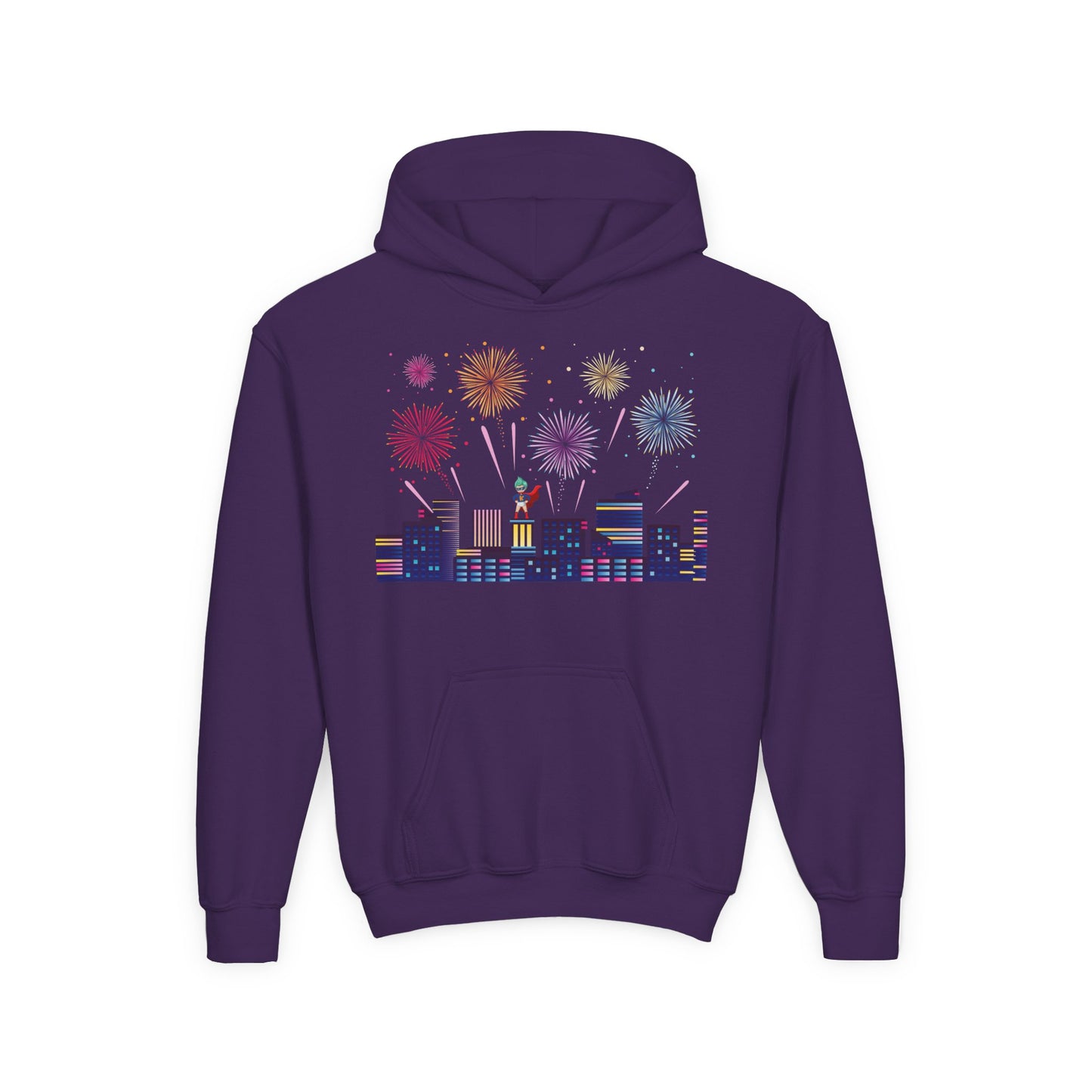 Youth Heavy Blend Hooded Sweatshirt - Super kiddo with fireworks